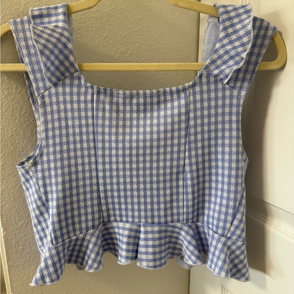 Urban Outfitters Blue and White Gingham Ruffled Crop Tank - Picture 2 of 4